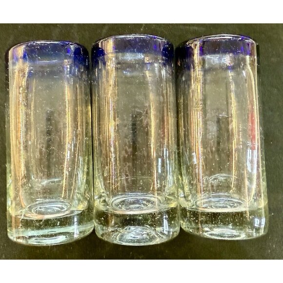 3 Mexican Hand Blown Shot Glass Blue Rim 4” - Picture 11 of 11
